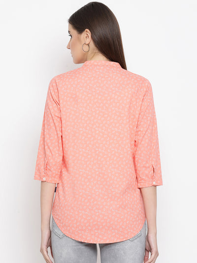 Orange Printed Mandarin Collar Tops - Women Tops