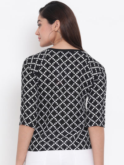 Black Printed Round Neck Top - Women Tops