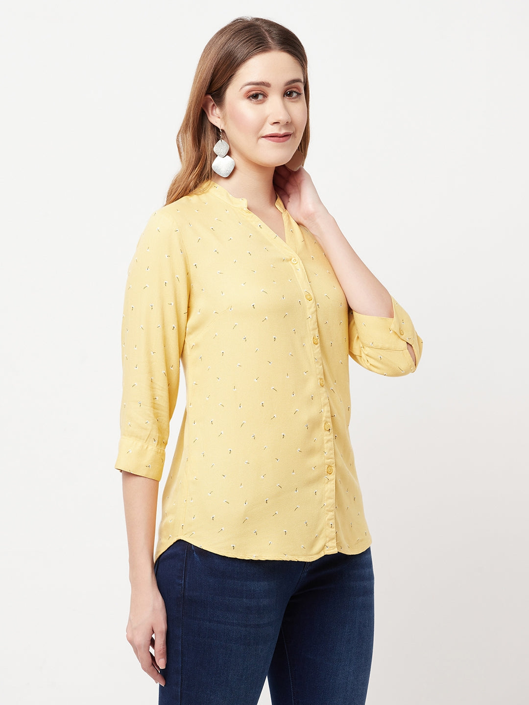 Yellow Floral Printed V-Neck Shirt - Women Shirts