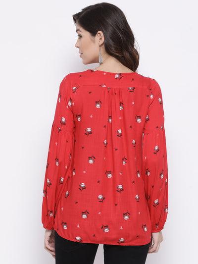 Red Printed Round Neck Tops - Women Tops