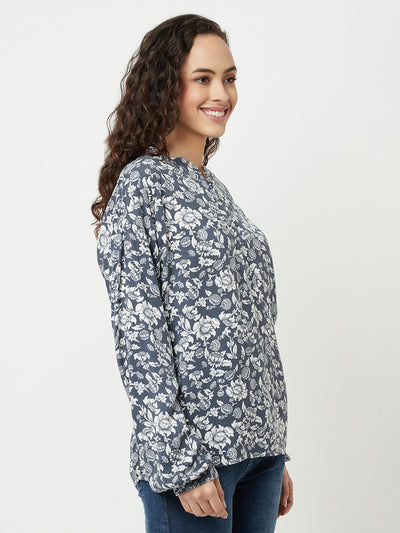 Grey Floral Printed Top-Women Tops-Crimsoune Club