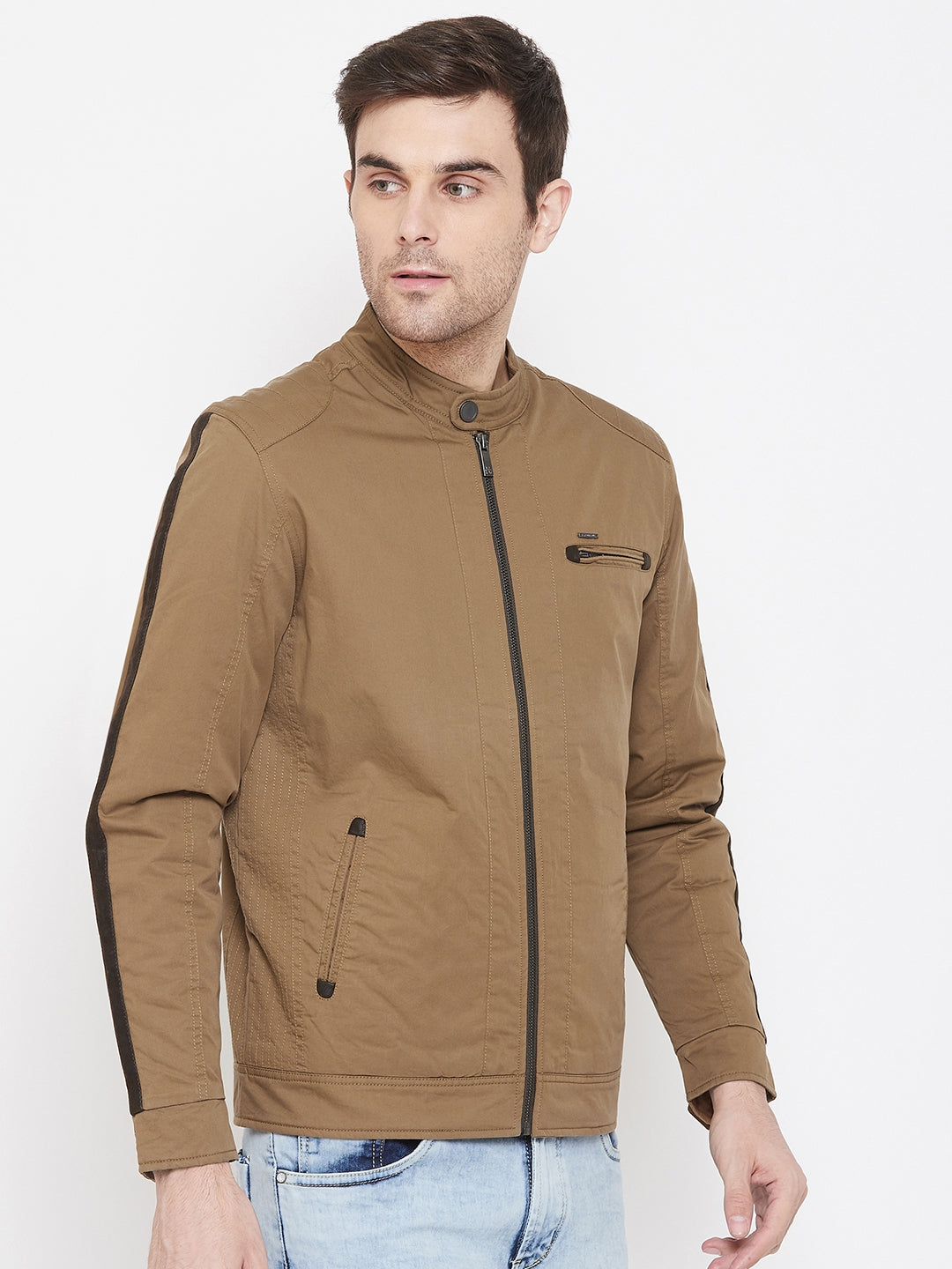 Brown Solid Mandarin Collar Jackets-Mens Jacket-Crimsoune Club