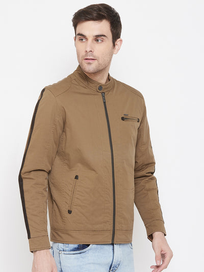 Brown Solid Mandarin Collar Jackets-Mens Jacket-Crimsoune Club