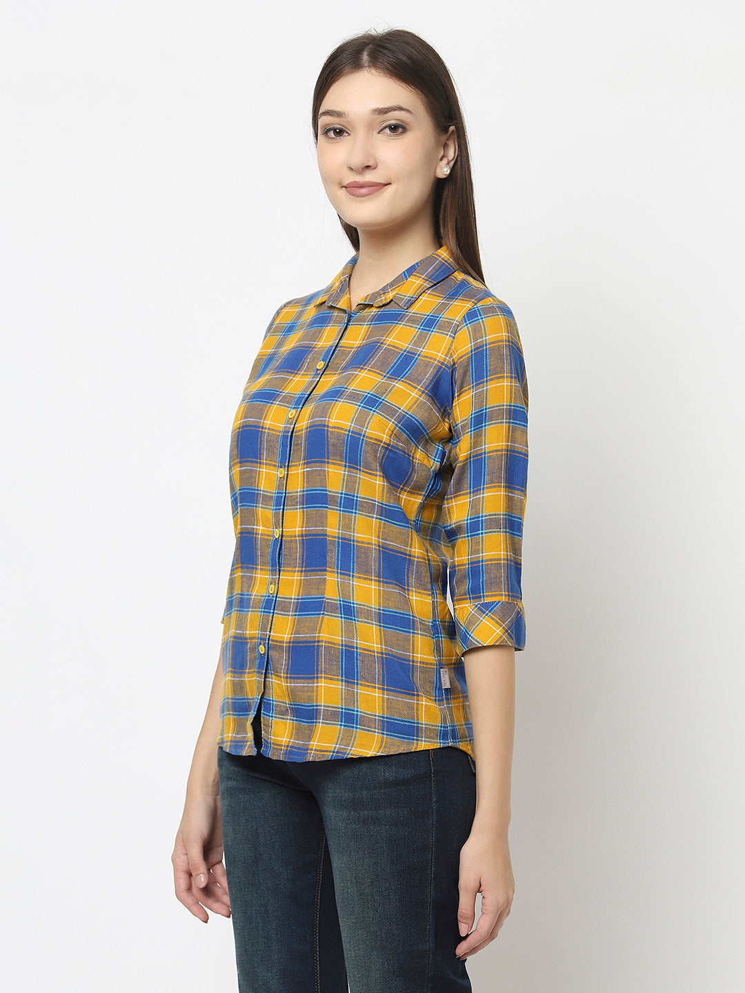 Mustard Checked Shirt in Cotton Blend