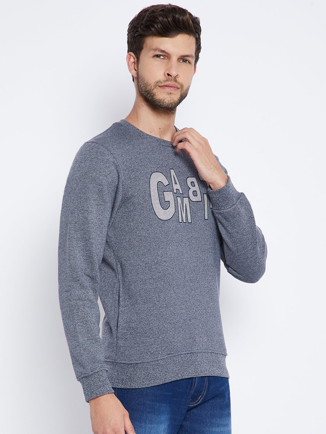 Blue Printed Round Neck Sweatshirt - Men Sweatshirts