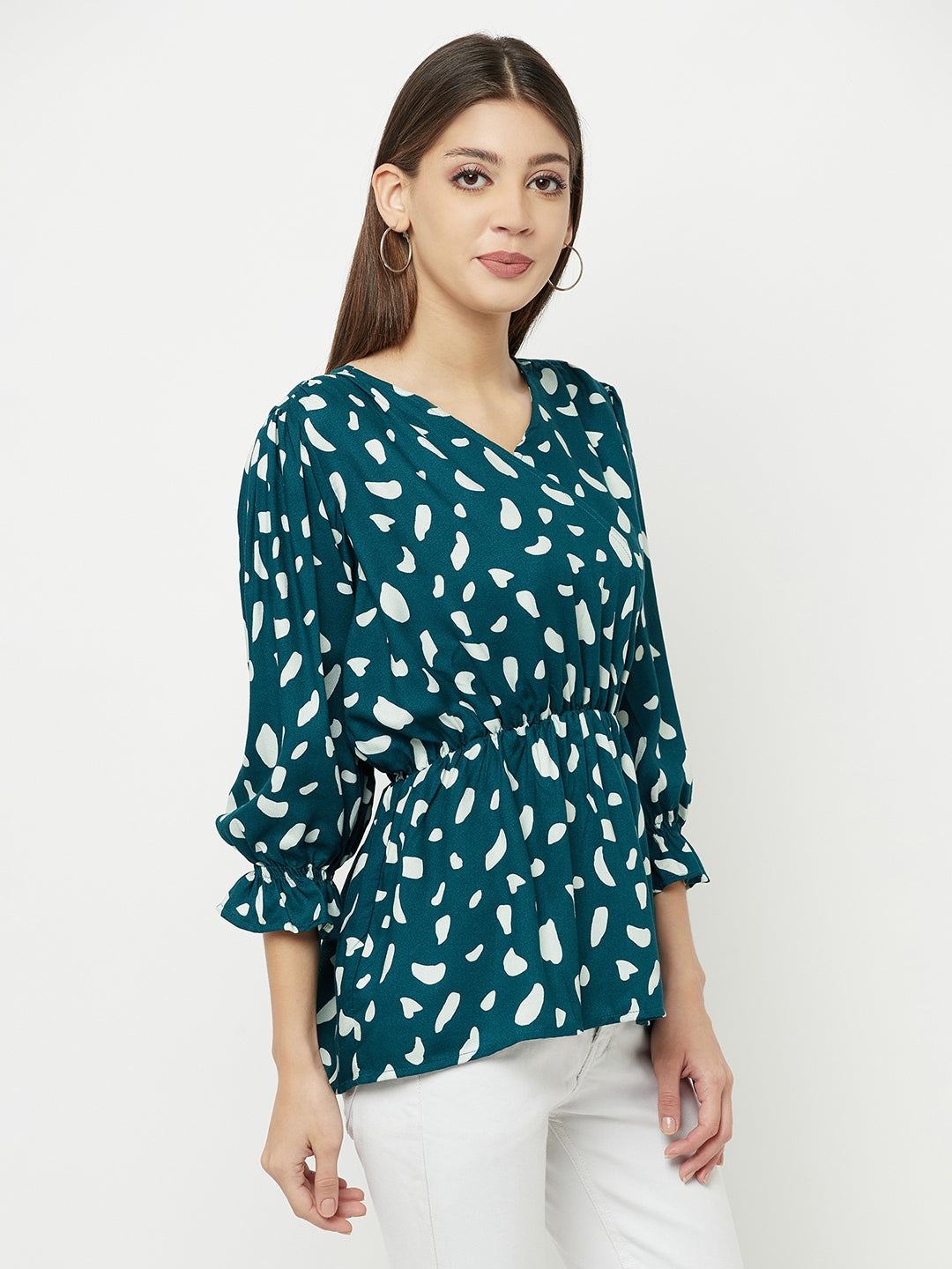 Teal Green Printed V-Neck Empire Top - Women Tops