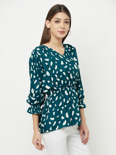 Teal Green Printed V-Neck Empire Top - Women Tops