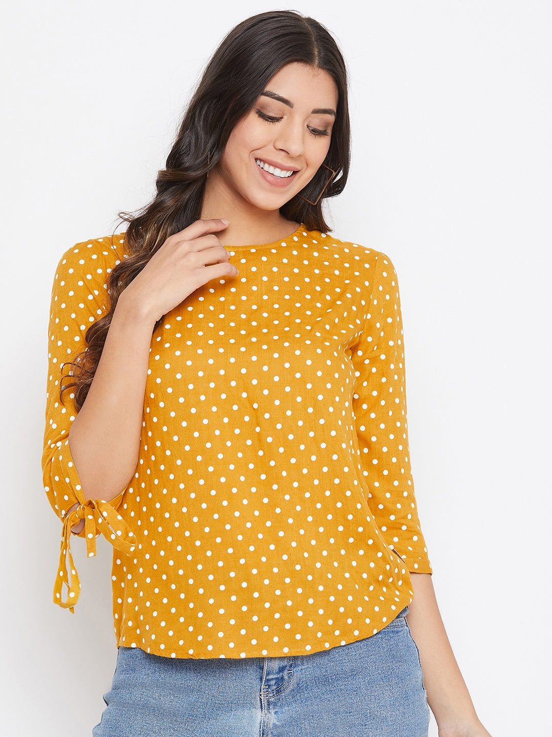 Yellow Pokla Dots Slim Fit Top - Women Tops