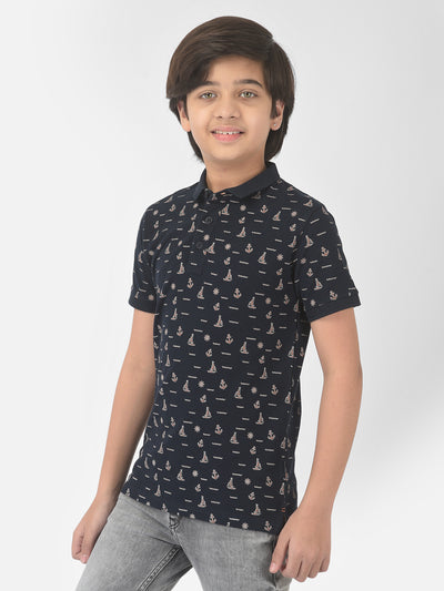 Navy Blue Printed Polo T-shirt - Boys T-Shirts