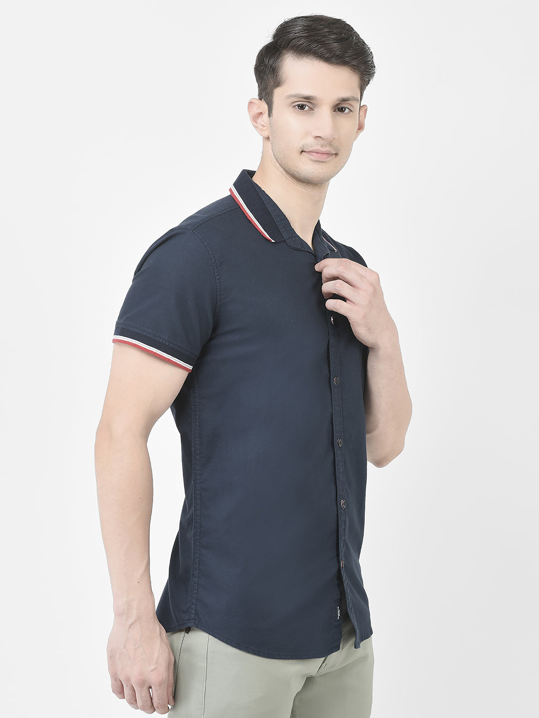  Striped Collar Navy Blue Shirt
