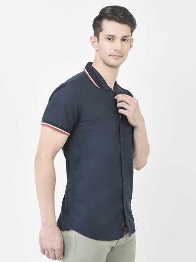  Striped Collar Navy Blue Shirt