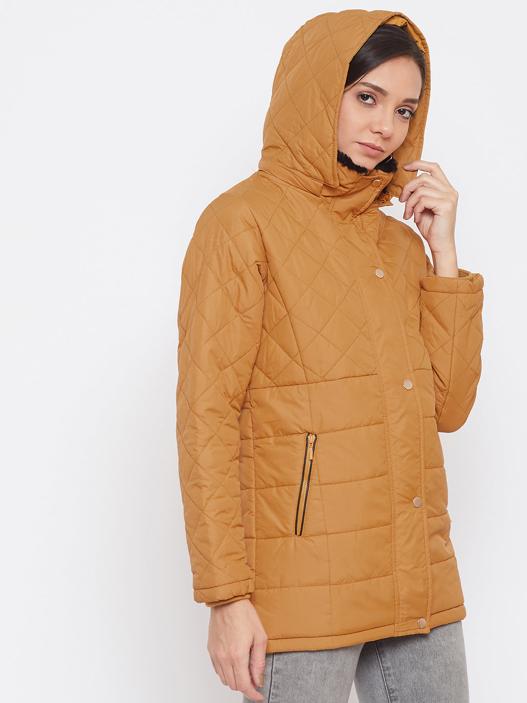 Mustard Solid Hooded Jackets-Women Jackets-Crimsoune Club