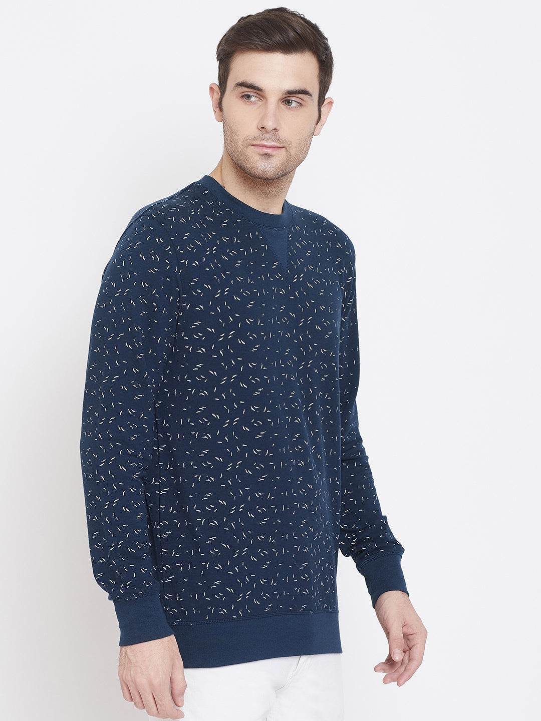 Navy Blue Printed Round Neck Sweatshirt - Men Sweatshirts