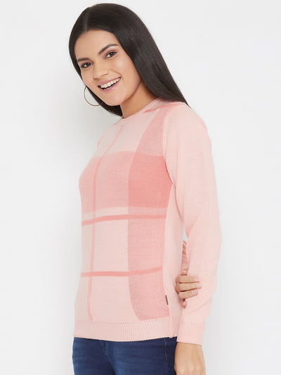 Pink Checked Round Neck Sweater - Women Sweaters