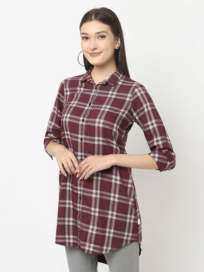 Longline Maroon Checked Shirt in Cotton