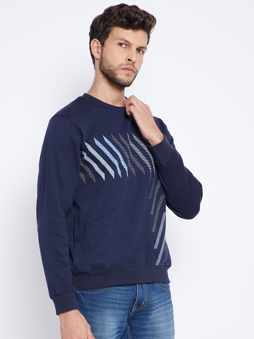 Navy Blue Printed Round Neck Sweatshirt - Men Sweatshirts