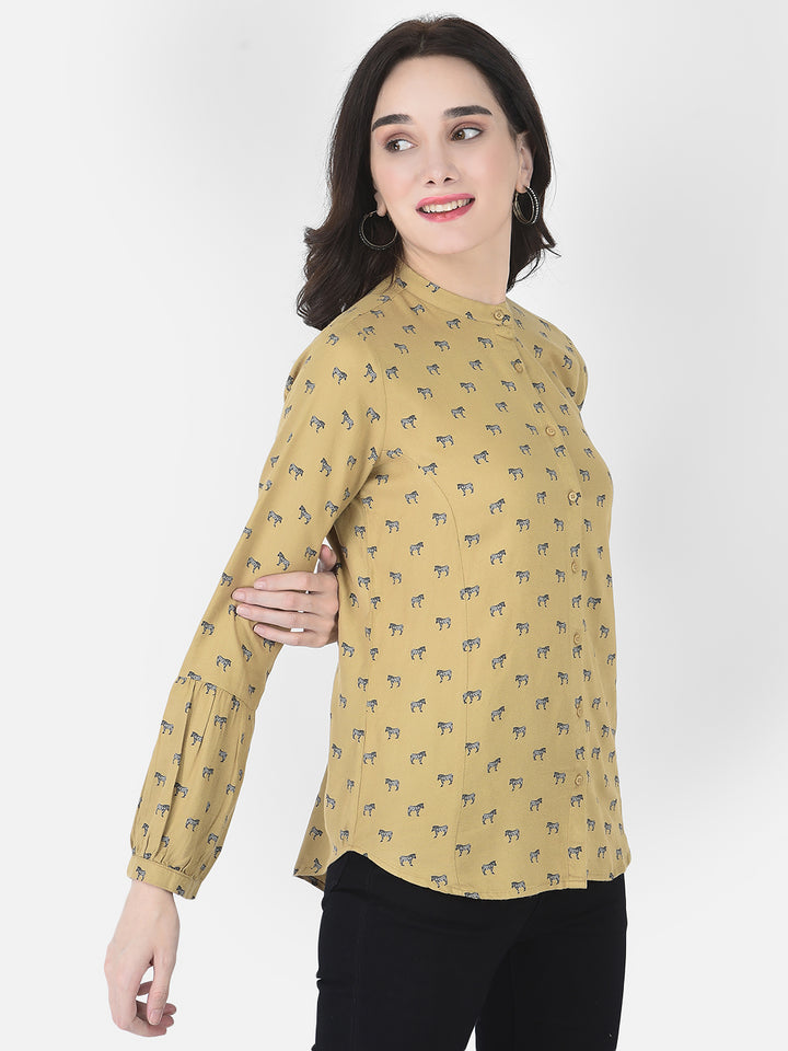 Dark Khaki Printed Shirt-Women Shirts-Crimsoune Club
