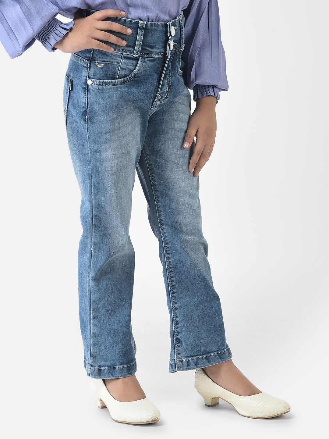  Blue Boot Cut Jeans with Light Wash Detailing 