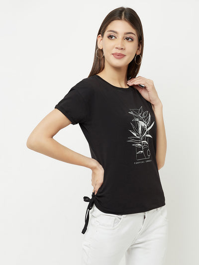 Black Printed Round Neck T-Shirt With Knot - Women T-Shirts