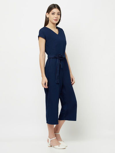 Navy Blue Denim Capri Jumpsuit - Women Jumpsuits