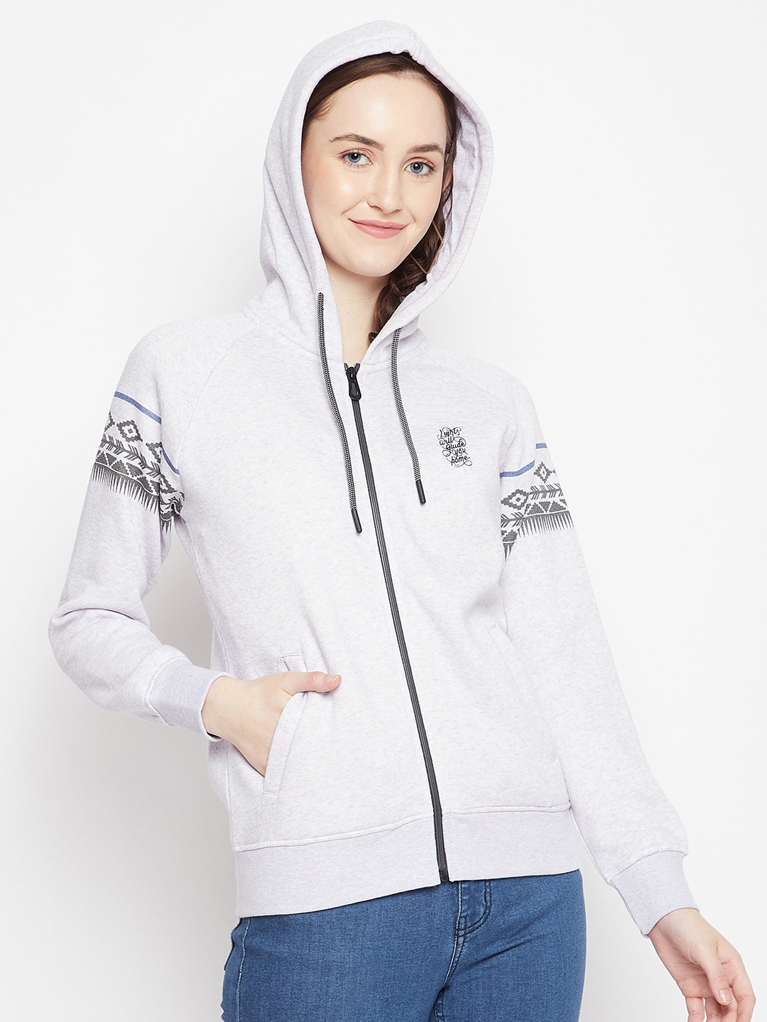 Grey Printed Hooded Sweatshirt - Women Sweatshirts