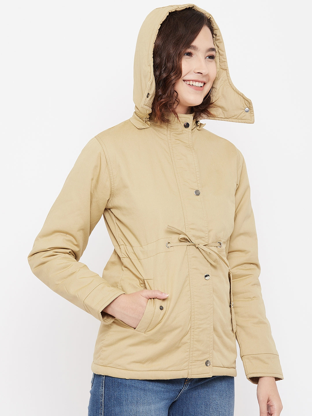 Beige Detachable Hood Jacket - Women Jackets