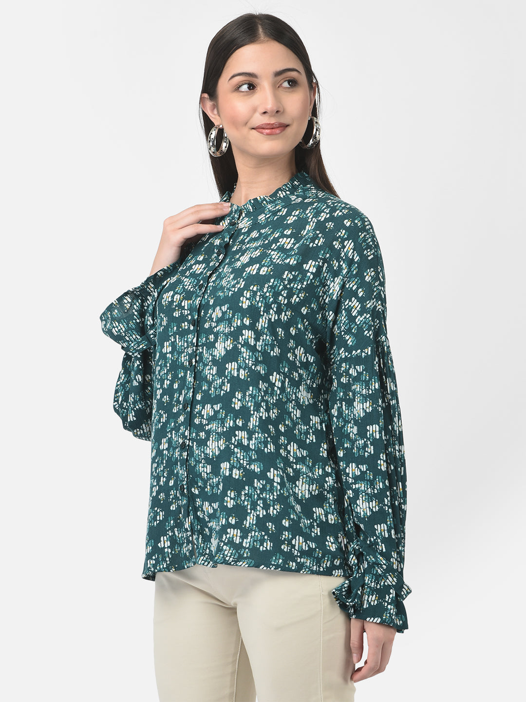 Deep Teal Floral Button-Down Top-Women Tops-Crimsoune Club