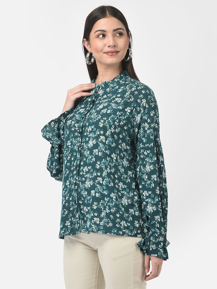 Deep Teal Floral Button-Down Top-Women Tops-Crimsoune Club