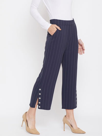 Navy Blue Striped Parallel Trousers - Women Trousers