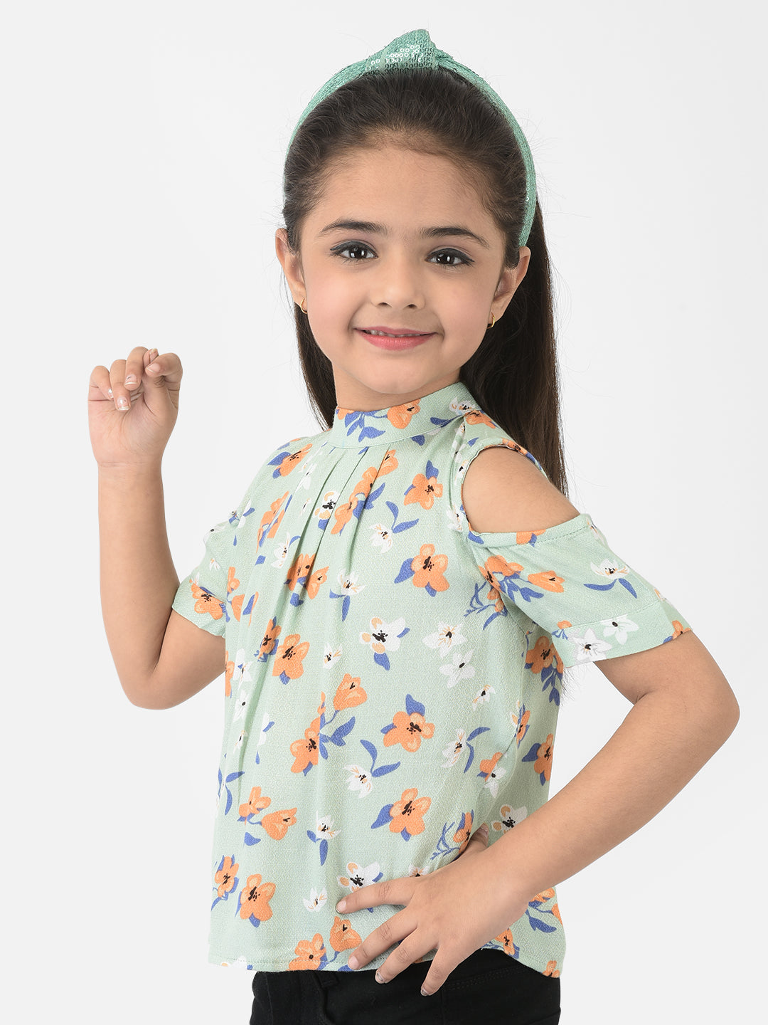 Green Cold Shoulder Sleeves Floral Printed Top - Girls Tops