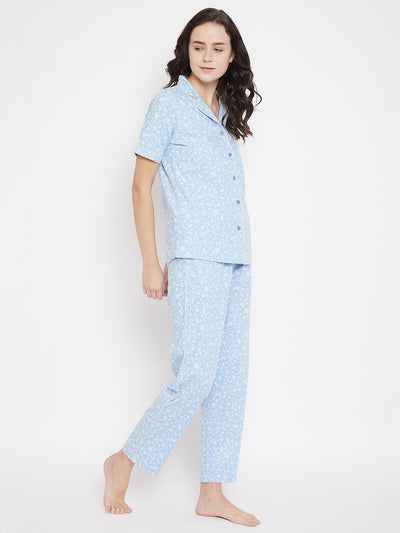 Blue Printed Slim Fit Night Suits - Women Night Suits