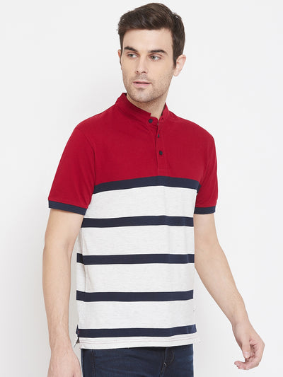 Red Striped Mandarin Neck T-Shirt - Men T-Shirts