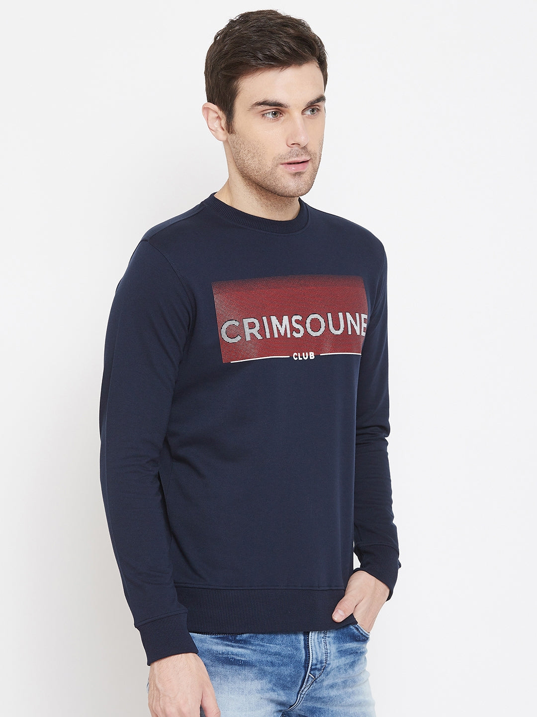 Navy Blue Printed Round Neck Sweatshirt - Men Sweatshirts