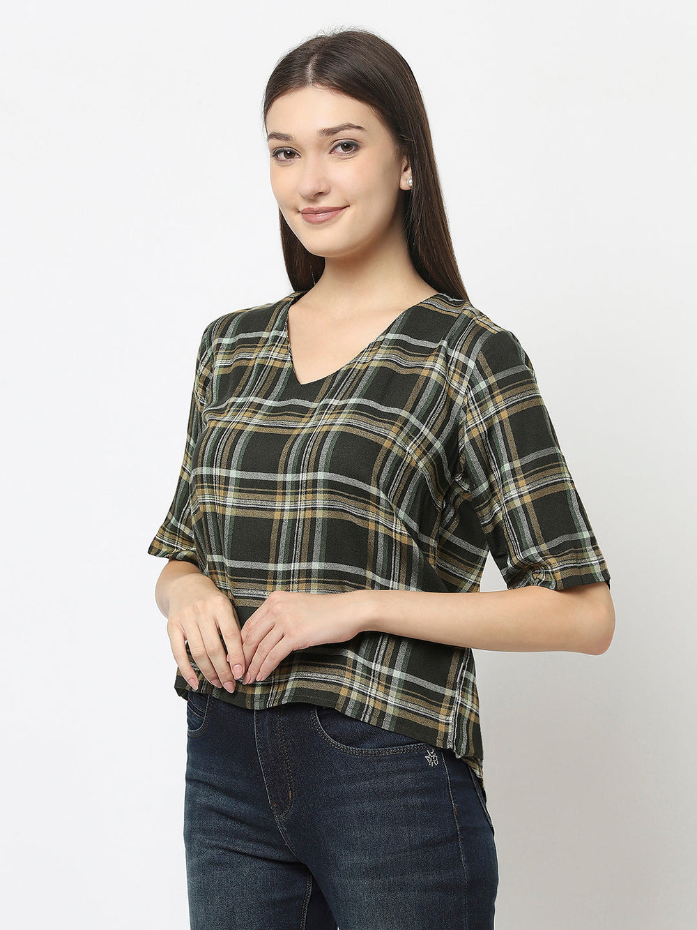 Dark Green Cropped Top in Checks
