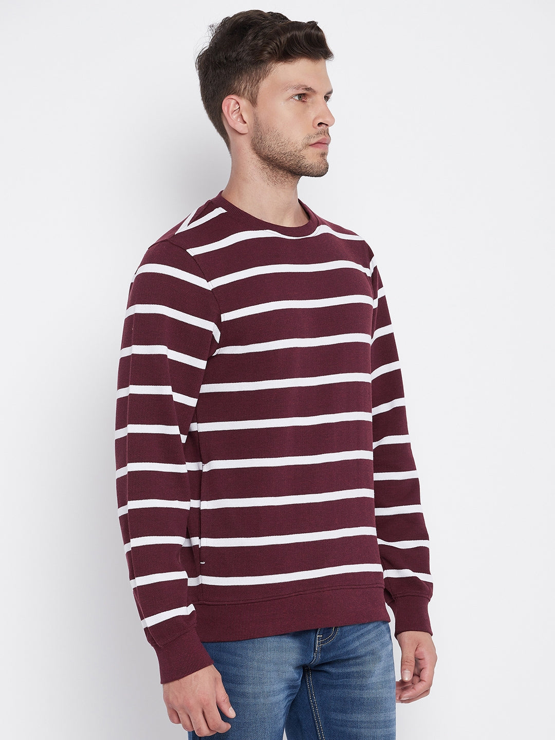 Maroon Striped Round Neck Sweatshirt - Men Sweatshirts