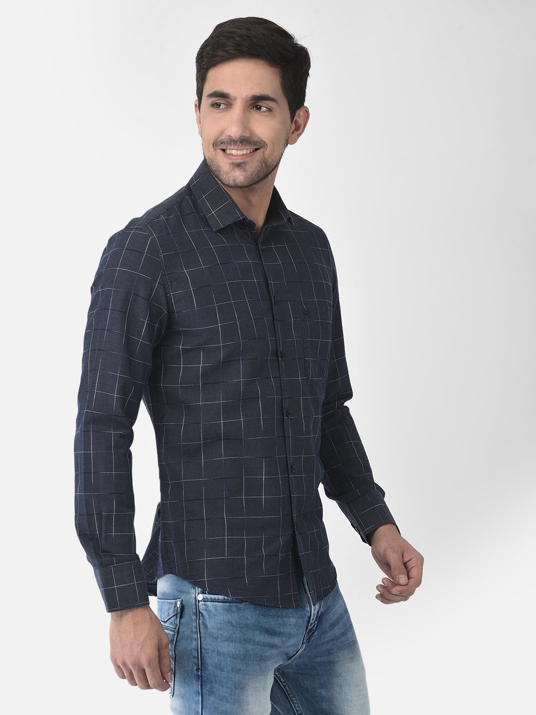 Navy Blue Windowpane Checked Shirt - Men Shirts