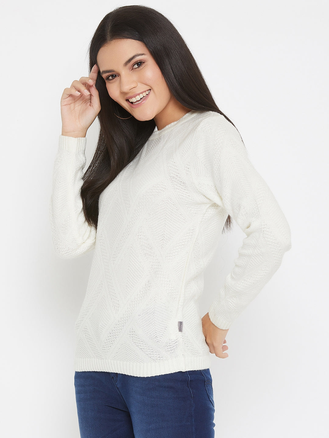 Off White Self Design Round Neck Sweater - Women Sweaters