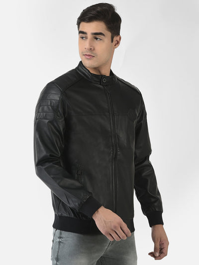  Black Leather Jacket with Logo Work 