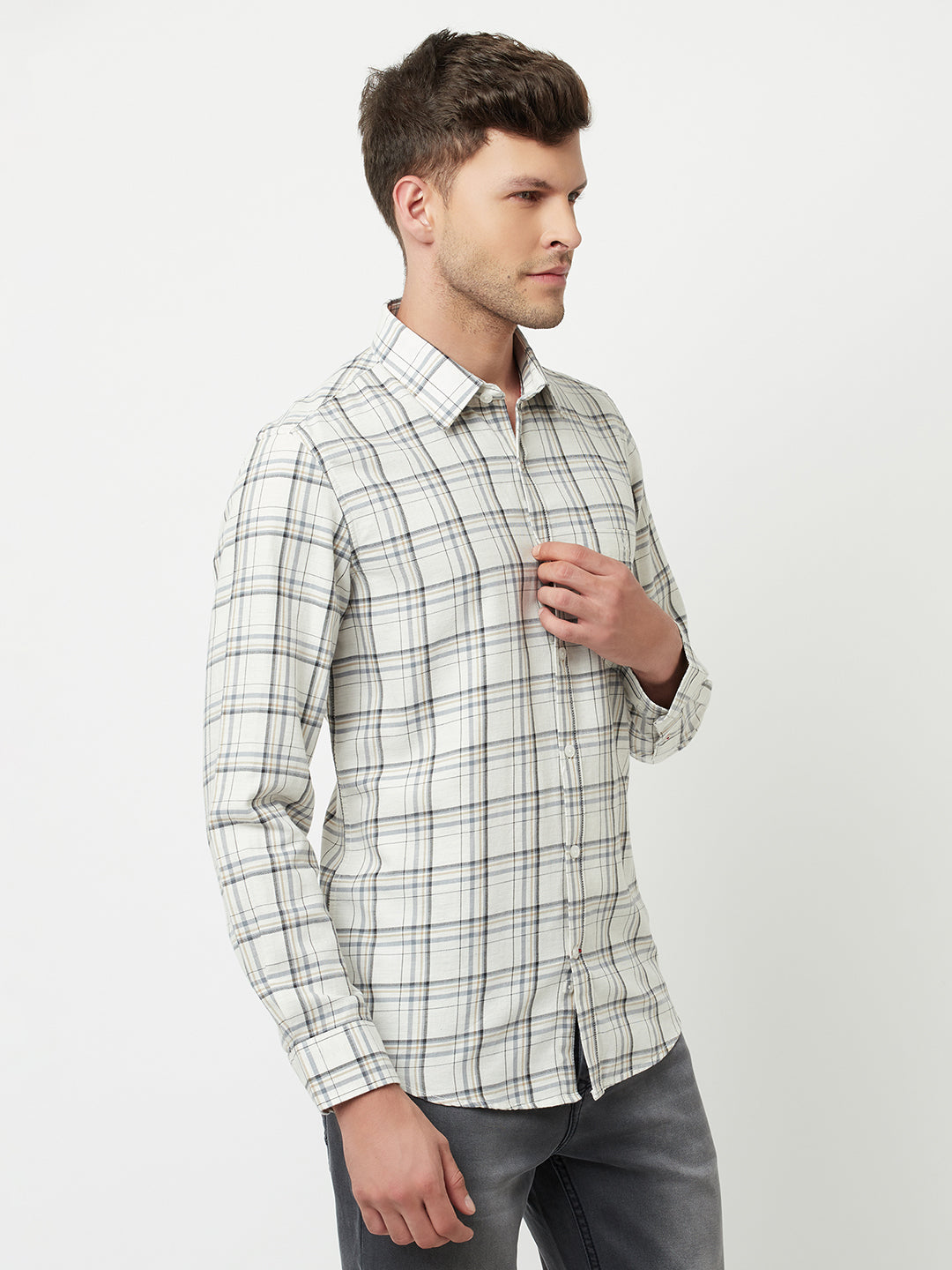 Cream Tartan Checked Shirt-Men Shirts-Crimsoune Club