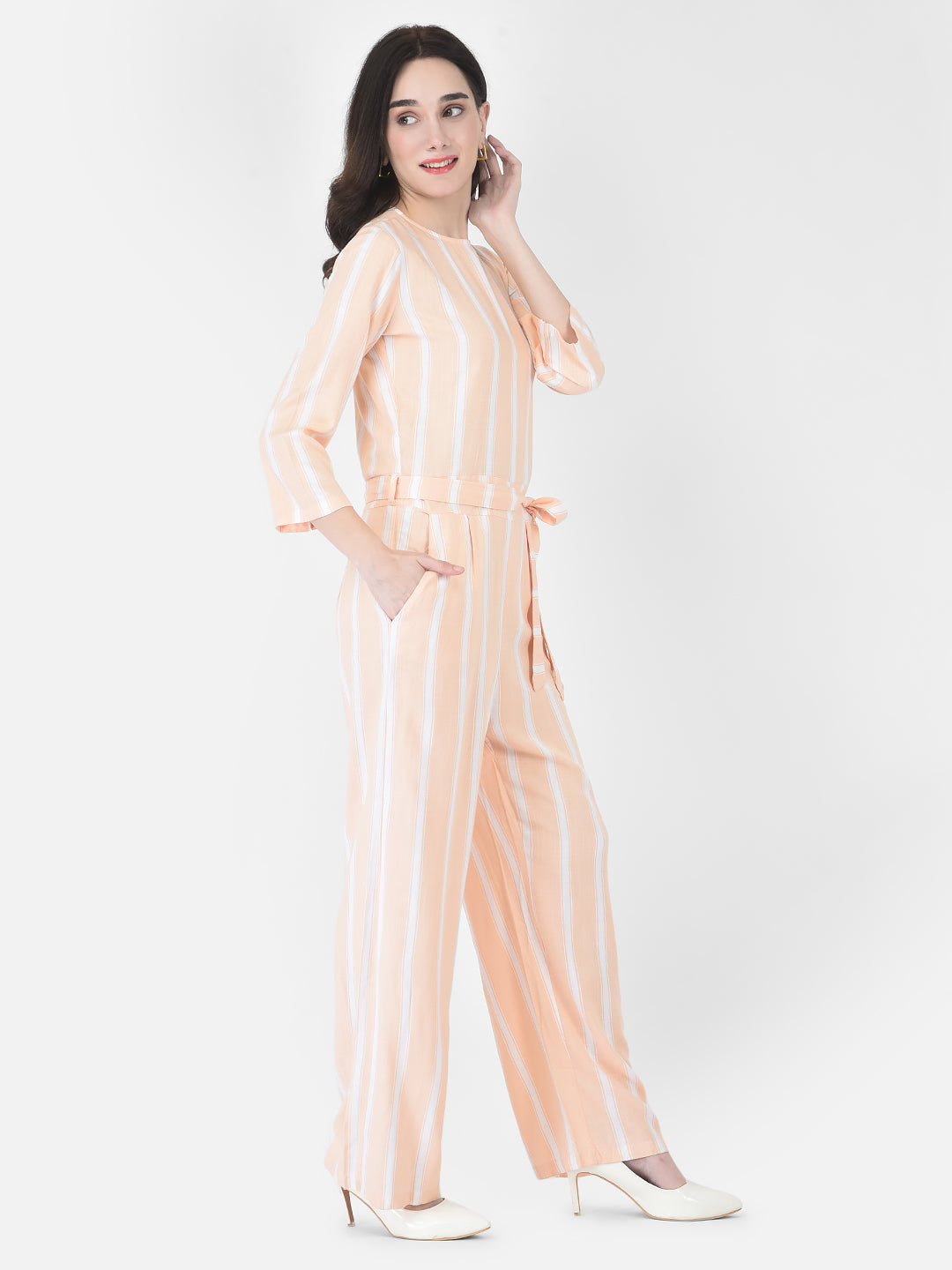 Peach Striped Jumpsuit - Women Dungarees