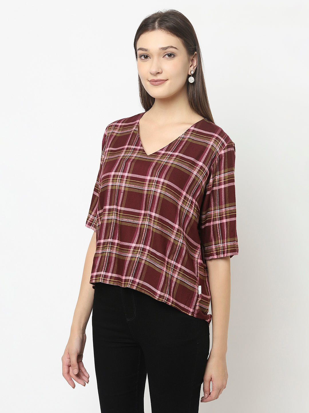 Maroon Crop Top in Tartan Checks