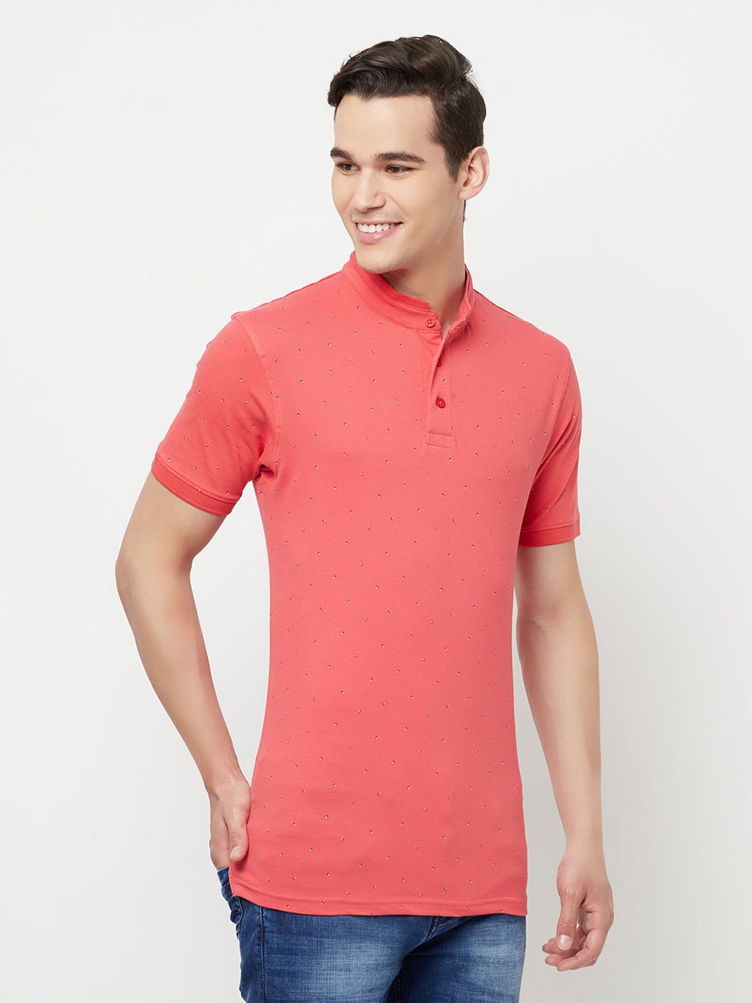 Pink Printed Mandarin Collar T-Shirt - Men T-Shirts