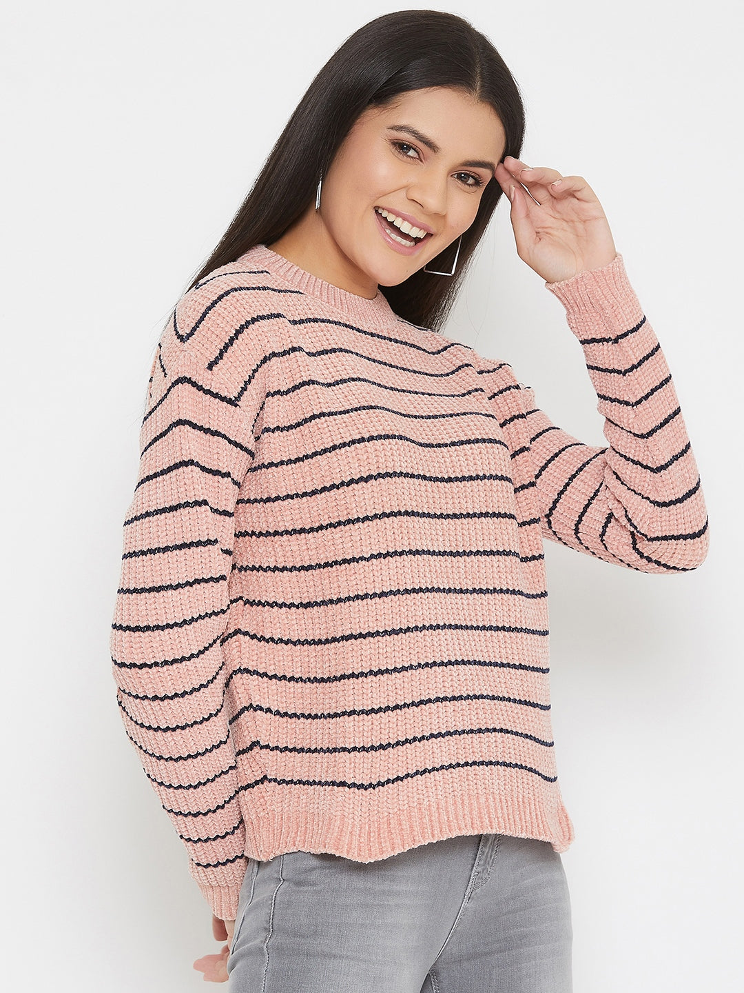 Pink Striped Round Neck Sweater - Women Sweaters