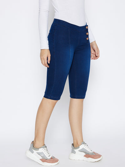 Navy Blue Slim Fit Denim Shorts - Women Shorts