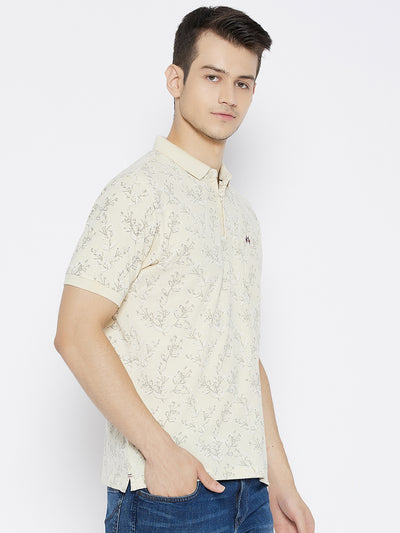 Cream Printed Polo Neck T-shirt - Men T-Shirts