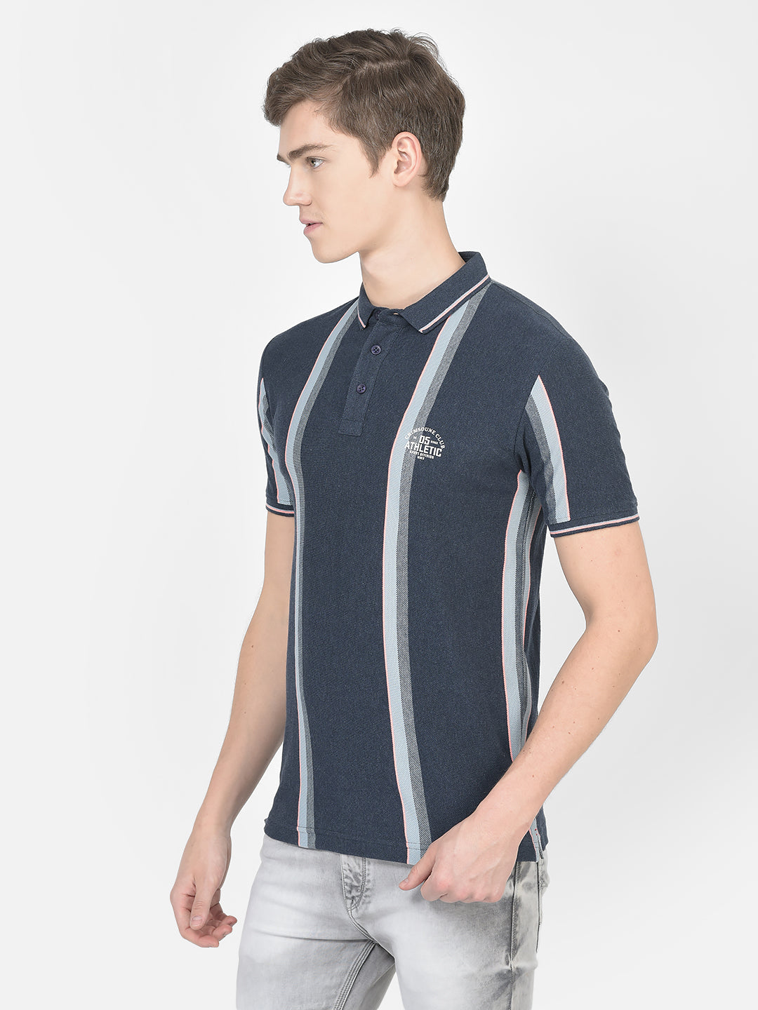  Navy Blue Wide Striped Polo T-Shirt