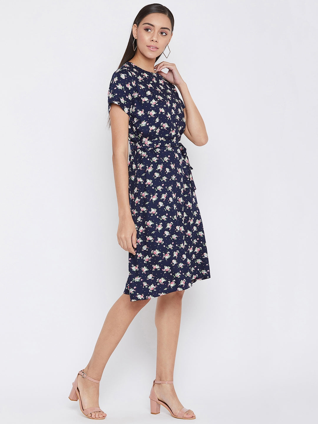 Navy Blue Floral Print Dress - Women Dresses
