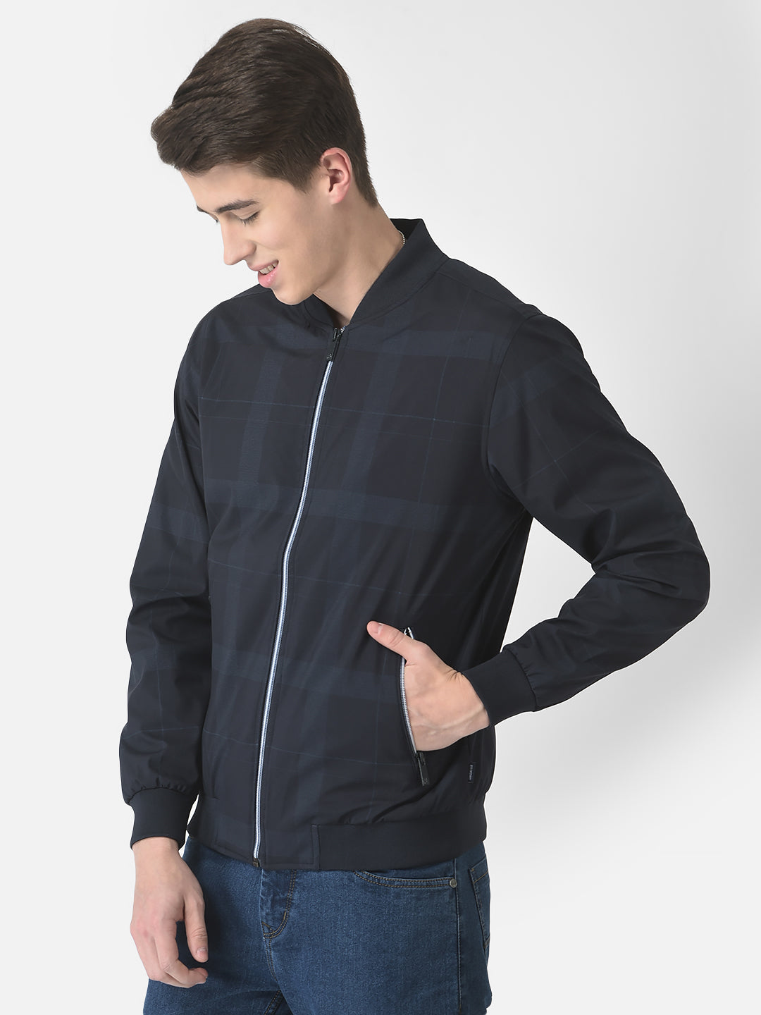 Navy Blue Checked Bomber Jacket