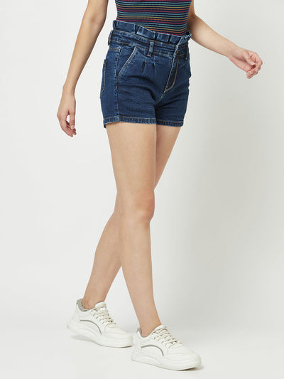  Navy Blue Denim High-Waisted Shorts 