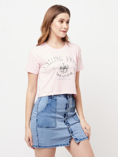 Pink Printed Round Neck Cropped T-Shirt - Women T-Shirts